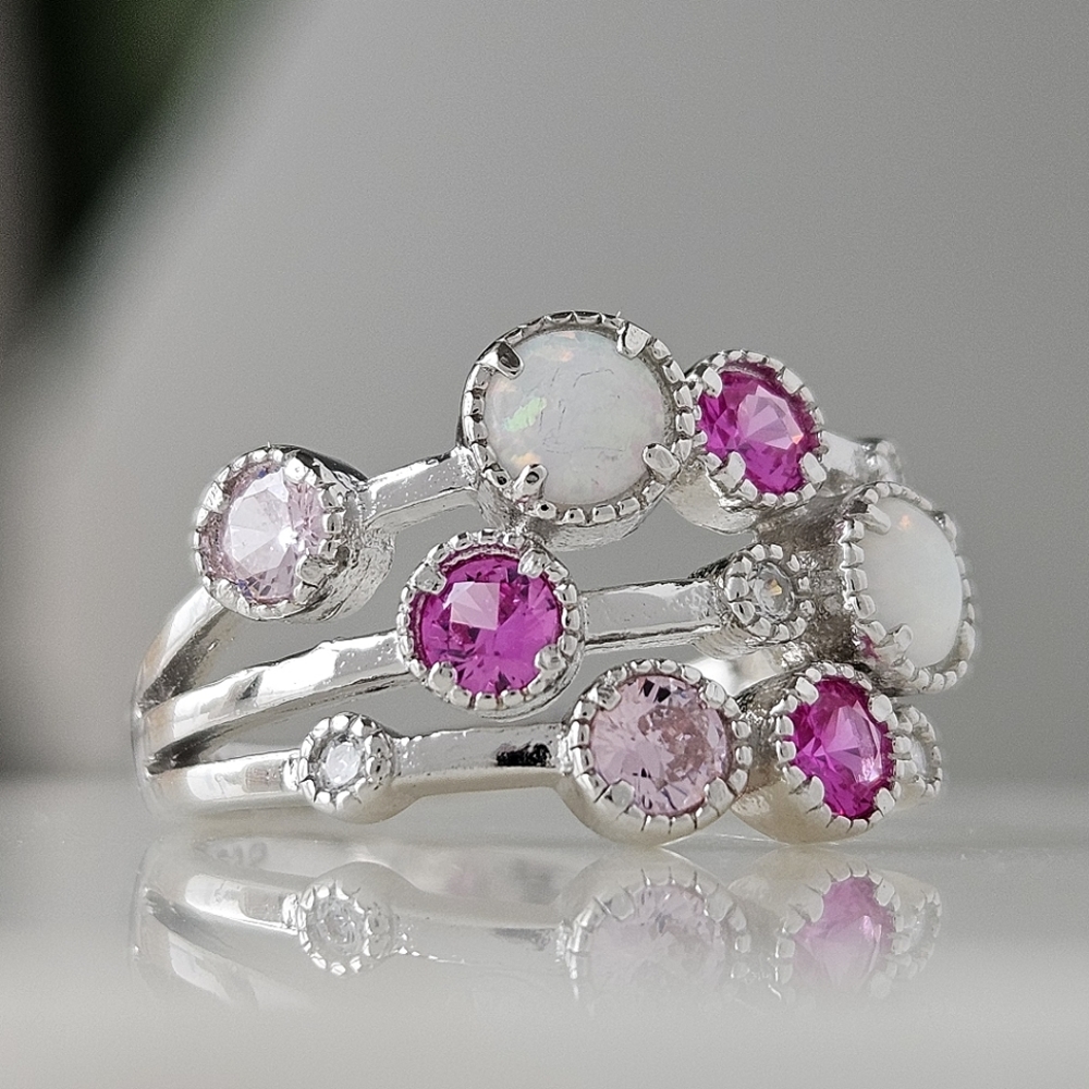 Opal and Pink Swarovski crystal  bauble ring, 925 Sterling Silver Charmed Aroma